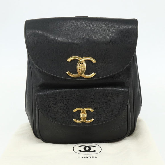 CHANEL Chain Backpack Caviar Skin Gold Black CC Auth ka4012V