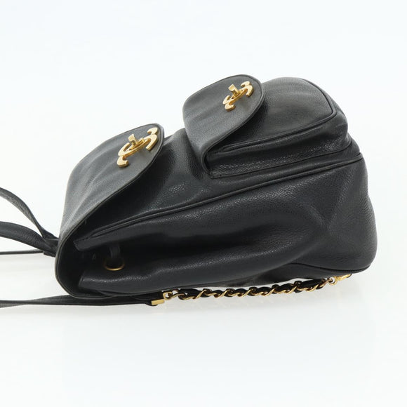 CHANEL Chain Backpack Caviar Skin Gold Black CC Auth ka4012V