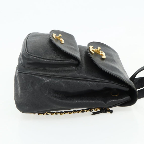CHANEL Chain Backpack Caviar Skin Gold Black CC Auth ka4012V