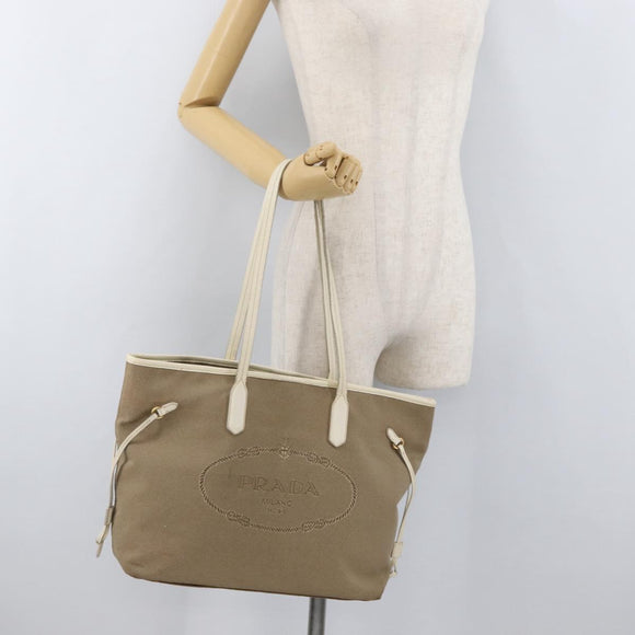 PRADA Tote Bag Canvas Beige Gold Auth ka4014