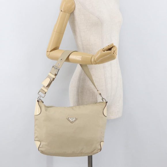PRADA Shoulder Bag Nylon Beige Silver Auth ka4019