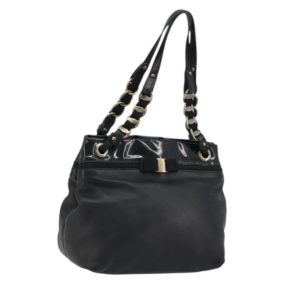 Salvatore Ferragamo Hand Bag Patent leather Black Gold Auth ka4036