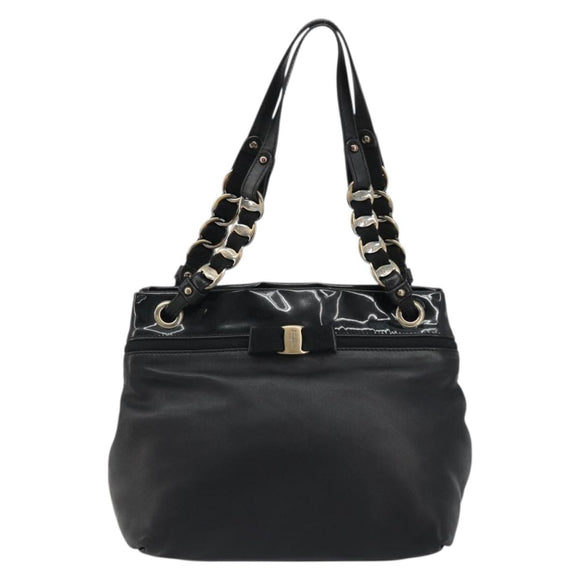 Salvatore Ferragamo Hand Bag Patent leather Black Gold Auth ka4036