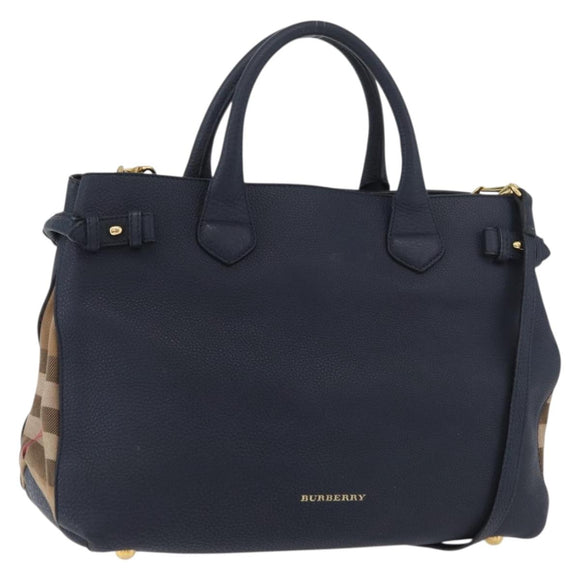 BURBERRY Hand Bag Leather Canvas 2way Navy Gold Auth ka4045A