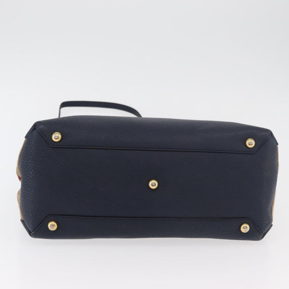 BURBERRY Hand Bag Leather Canvas 2way Navy Gold Auth ka4045A