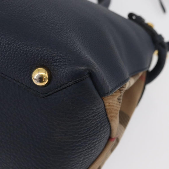 BURBERRY Hand Bag Leather Canvas 2way Navy Gold Auth ka4045A