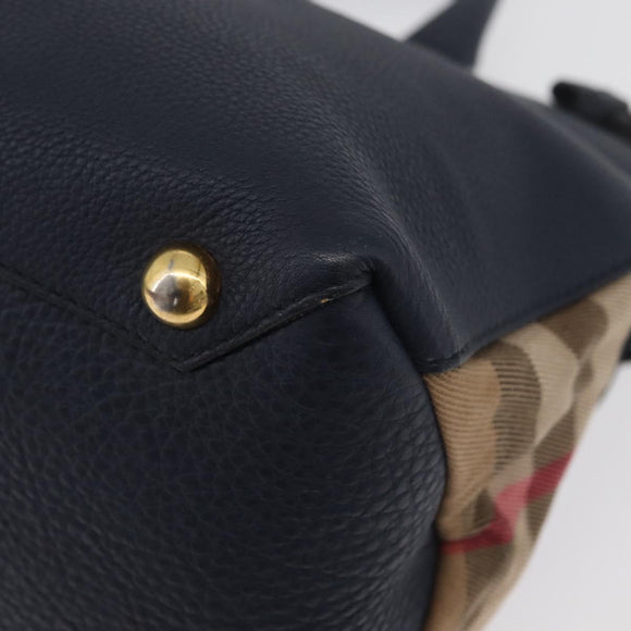 BURBERRY Hand Bag Leather Canvas 2way Navy Gold Auth ka4045A