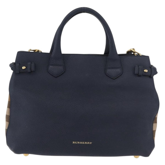 BURBERRY Hand Bag Leather Canvas 2way Navy Gold Auth ka4045A