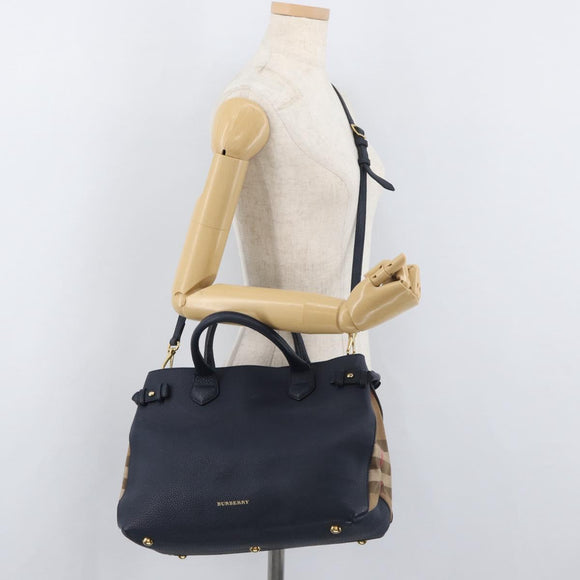 BURBERRY Hand Bag Leather Canvas 2way Navy Gold Auth ka4045A