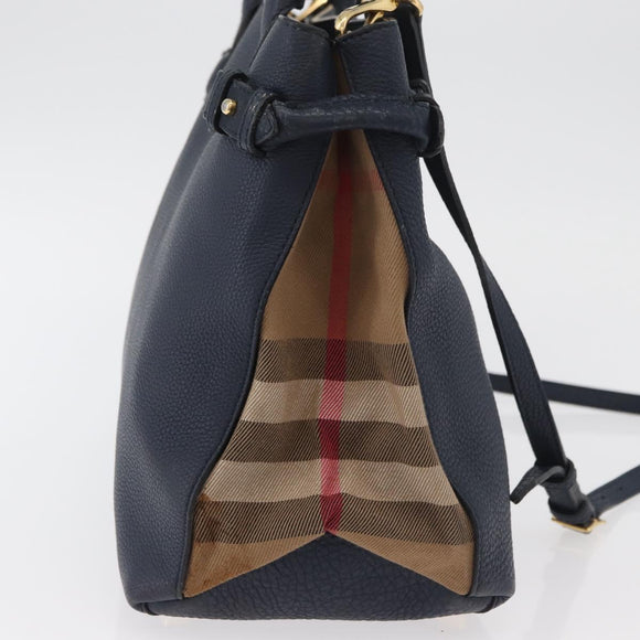 BURBERRY Hand Bag Leather Canvas 2way Navy Gold Auth ka4045A