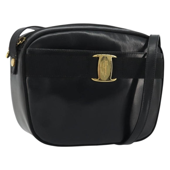 Salvatore Ferragamo Vala Shoulder Bag Leather Black Gold Auth ka4046