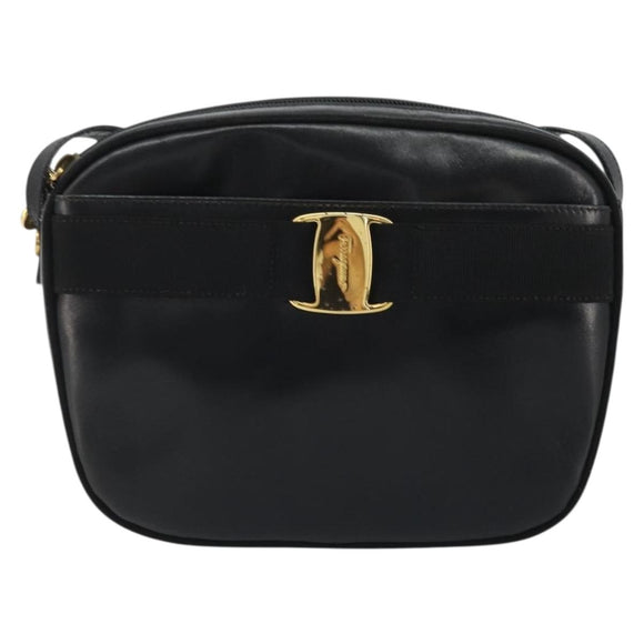 Salvatore Ferragamo Vala Shoulder Bag Leather Black Gold Auth ka4046