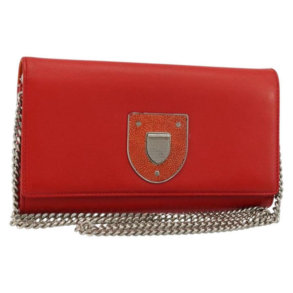 Christian Dior Chain Wallet Diorama Bag Leather Orange Silver Auth ka4061A