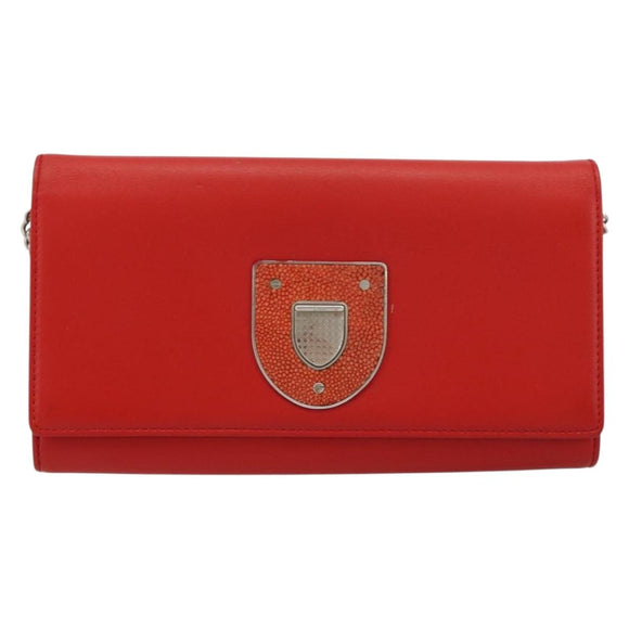 Christian Dior Chain Wallet Diorama Bag Leather Orange Silver Auth ka4061A
