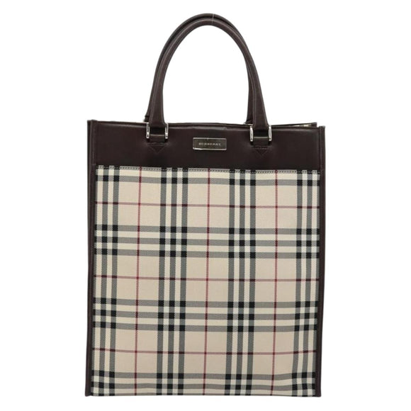 BURBERRY Nova Check Hand Bag Canvas Leather Beige Silver Auth ka4074A
