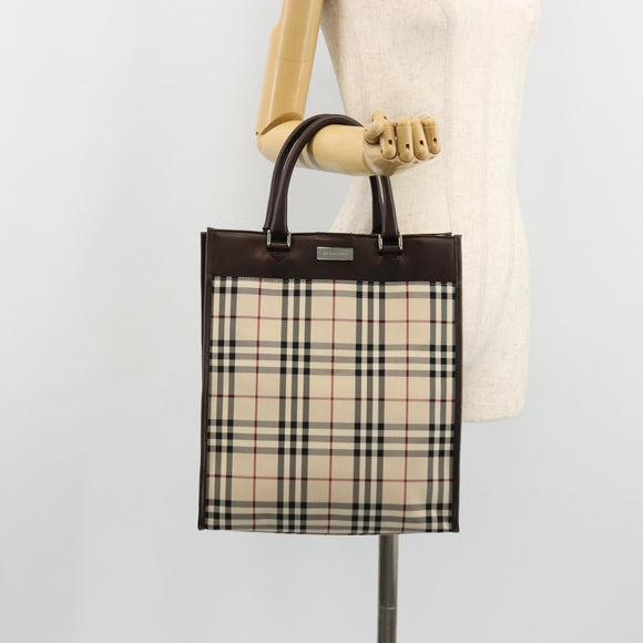 BURBERRY Nova Check Hand Bag Canvas Leather Beige Silver Auth ka4074A