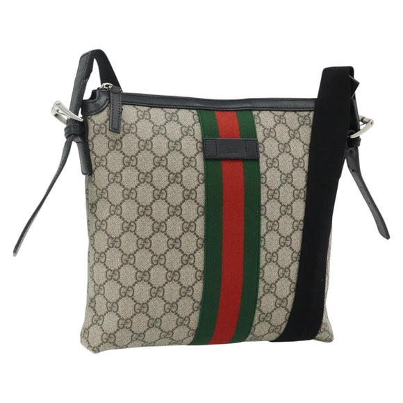GUCCI GG Supreme Web Sherry Line Bag PVC Beige Silver 387111 Auth ka4079