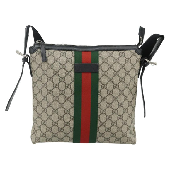 GUCCI GG Supreme Web Sherry Line Tasche PVC Beige Silber 387111 Auth ka4079