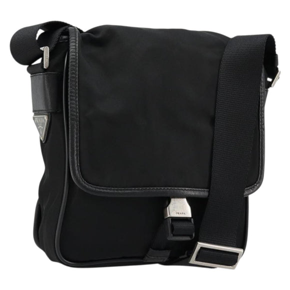 PRADA Shoulder Bag Nylon Leather Black Silver Auth ka4087