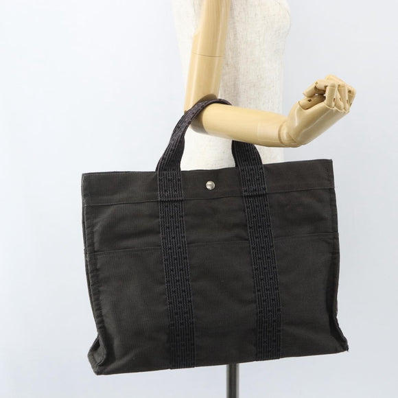 HERMES Her Line MM Hand Bag Canvas Gray Silver Auth ka409