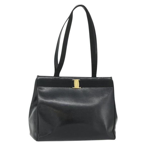 Salvatore Ferragamo Vala Tote Bag Leather Black Gold Auth ka4098