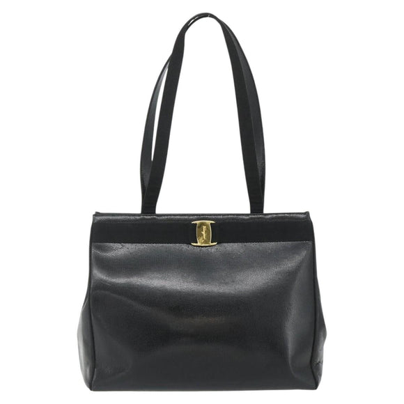 Salvatore Ferragamo Vala Tote Bag Leather Black Gold Auth ka4098