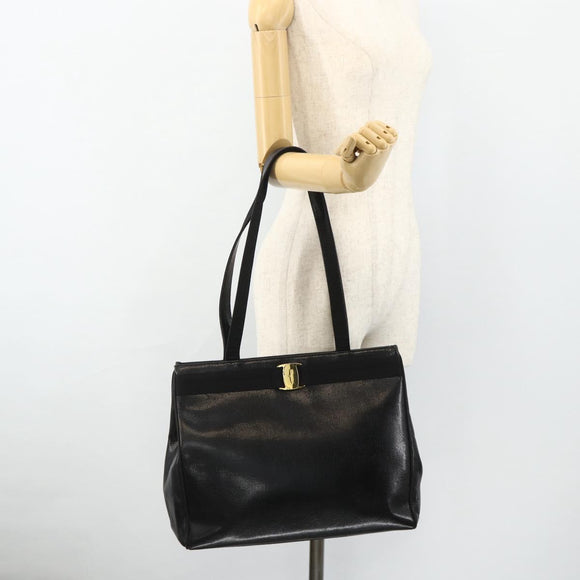 Salvatore Ferragamo Vala Tote Bag Leather Black Gold Auth ka4098