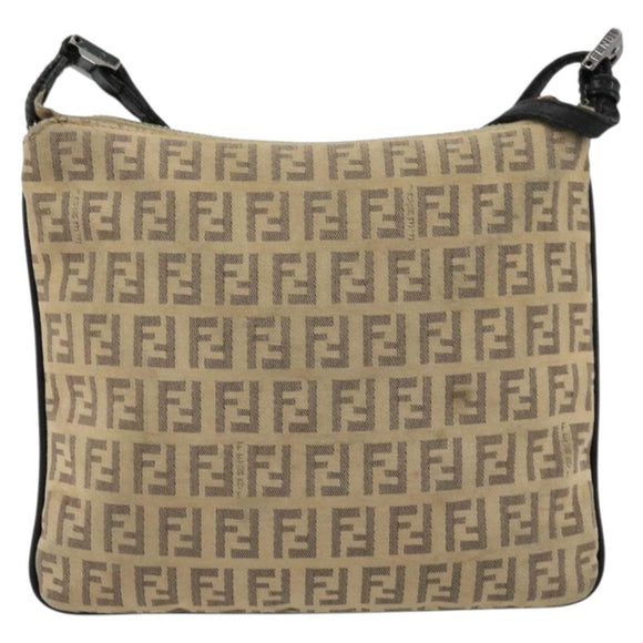 FENDI Zucchino Canvas Shoulder Bag Beige Silver Auth ka4113