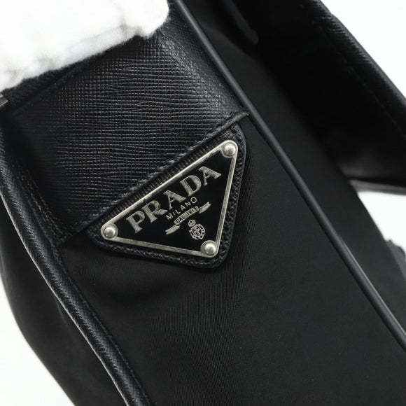 PRADA Schoudertas Nylon Leer Zwart Zilver Auth ka4132A