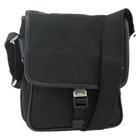 PRADA Schoudertas Nylon Leer Zwart Zilver Auth ka4132A