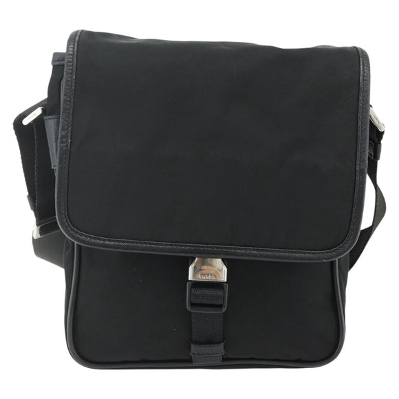 PRADA Schoudertas Nylon Leer Zwart Zilver Auth ka4132A