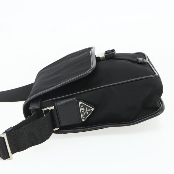 PRADA Schoudertas Nylon Leer Zwart Zilver Auth ka4132A