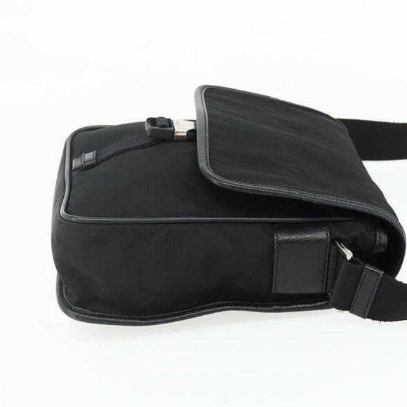 PRADA Schoudertas Nylon Leer Zwart Zilver Auth ka4132A