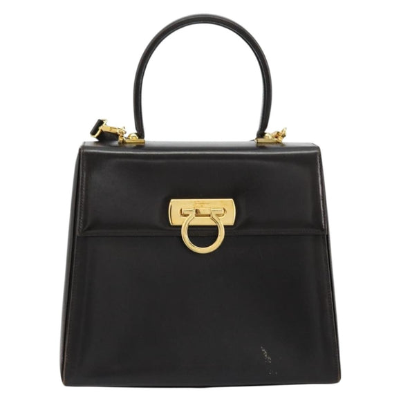 Salvatore Ferragamo Gancini Hand Bag Leather 2way Black Gold Auth ka4140