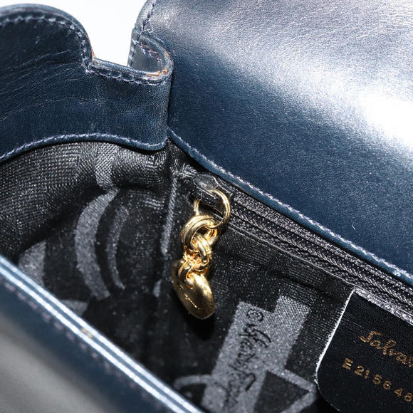 Salvatore Ferragamo Gancini Shoulder Bag Leather Navy Gold Auth ka4141