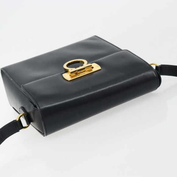 Salvatore Ferragamo Gancini Shoulder Bag Leather Navy Gold Auth ka4141