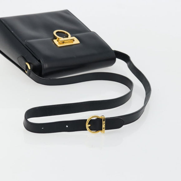 Salvatore Ferragamo Gancini Shoulder Bag Leather Navy Gold Auth ka4141