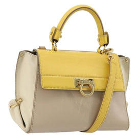 Salvatore Ferragamo Gancini Hand Bag Leather 2way Beige Yellow Auth ka4143A