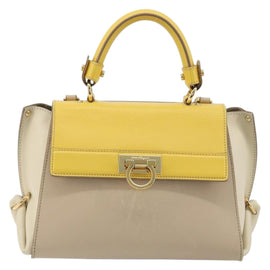 Salvatore Ferragamo Gancini Hand Bag Leather 2way Beige Yellow Auth ka4143A - 0