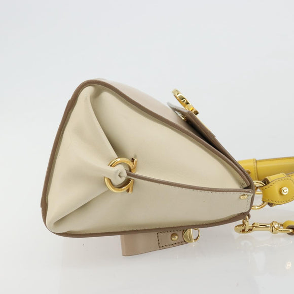 Salvatore Ferragamo Gancini Hand Bag Leather 2way Beige Yellow Auth ka4143A