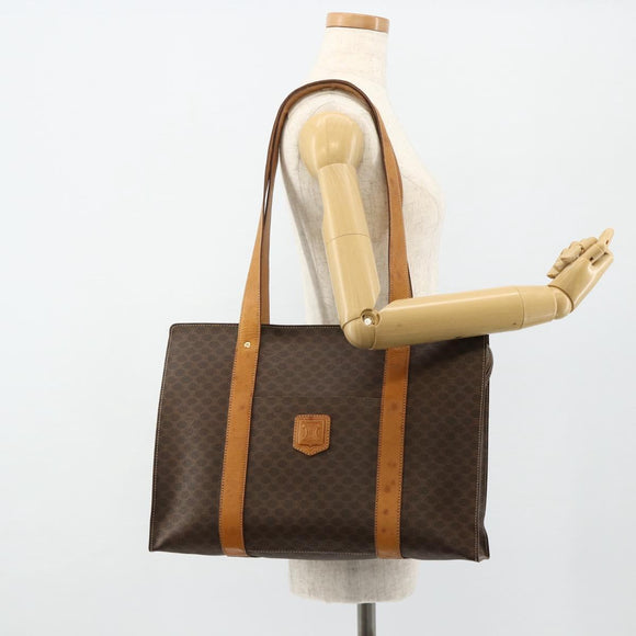 CELINE Macadam Canvas Tote Bag PVC Leather Brown Gold Auth ka4146
