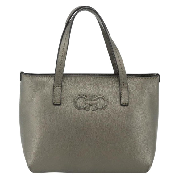 Salvatore Ferragamo Gancini Hand Bag Leather Bronze Silver Auth ka4175