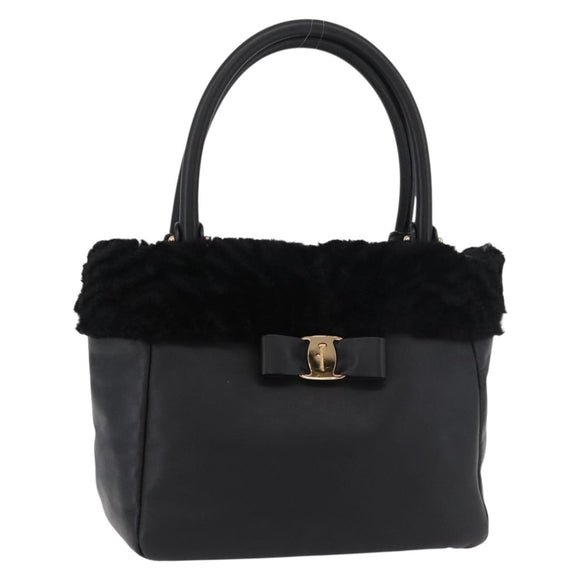 Salvatore Ferragamo Vala Hand Bag Leather Black Gold Auth ka4181A