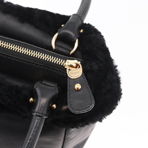 Salvatore Ferragamo Vala Hand Bag Leather Black Gold Auth ka4181A