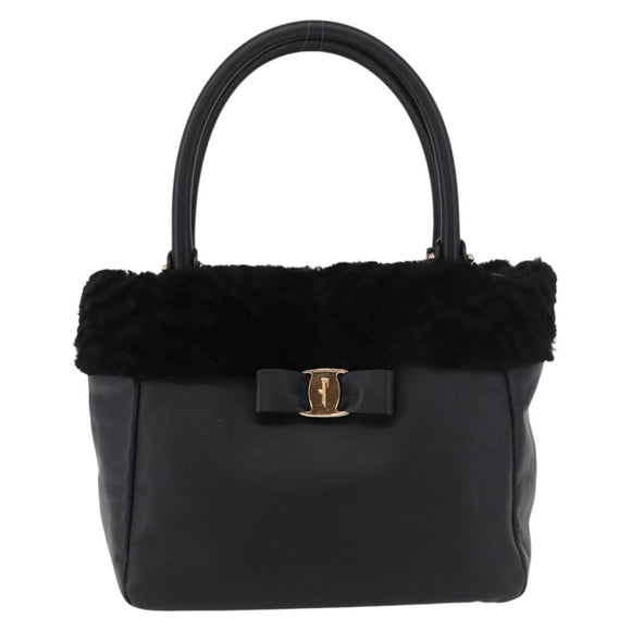 Salvatore Ferragamo Vala Hand Bag Leather Black Gold Auth ka4181A
