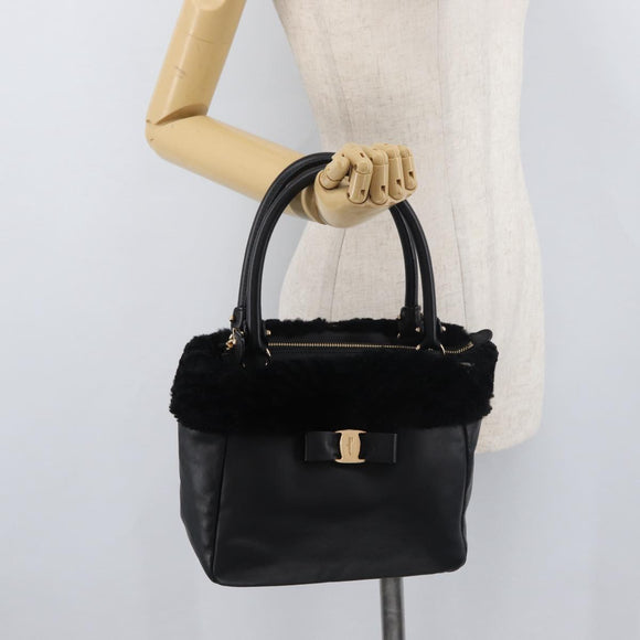Salvatore Ferragamo Vala Hand Bag Leather Black Gold Auth ka4181A