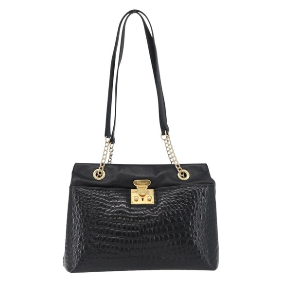 BALLY Chain Shoulder Bag Leather Black Gold Auth ka4189A