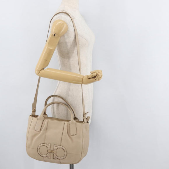 Salvatore Ferragamo Gancini Hand Bag Leather 2way Beige Gold Auth ka4190