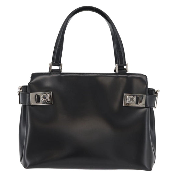 Salvatore Ferragamo Gancini Hand Bag Leather 2way Black Silver Auth ka4192