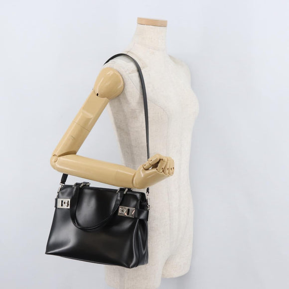 Salvatore Ferragamo Gancini Hand Bag Leather 2way Black Silver Auth ka4192